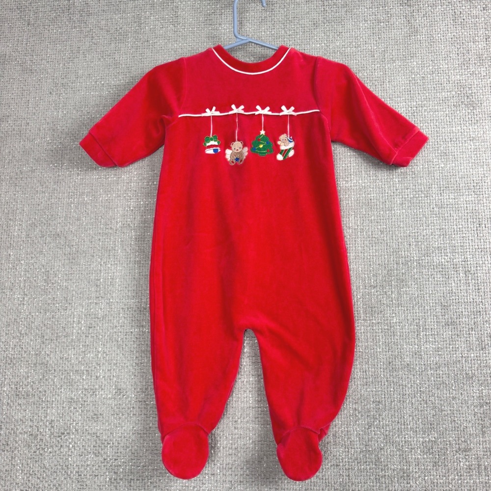 Vintage 90's Bright Future Footed Sleeper Baby 6-9M Red Christmas Velour Snap Up